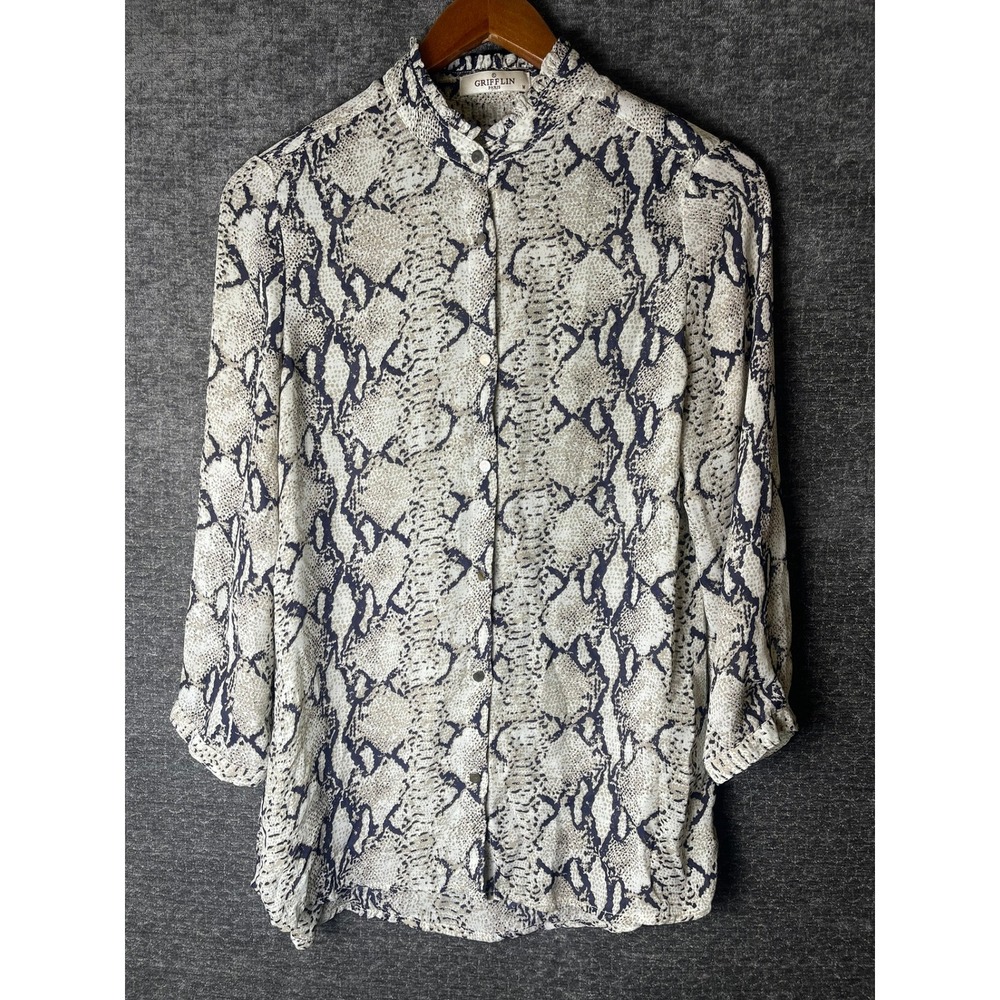 Grifflin Paris Snakeskin Print Ruffle Collar Button Down Blouse Neutral Medium